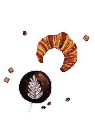 Cup of black coffee and a croissant, coffee beansのイラスト素材