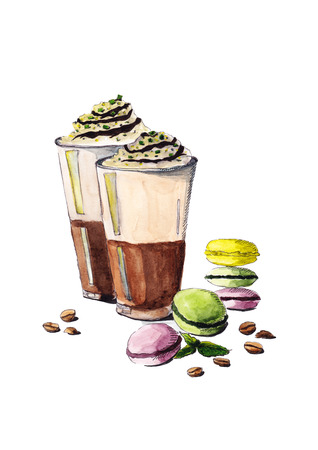glass cup of latte withwith chocolate syrup, colorful macaroons and green mint leavesのイラスト素材