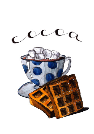 The polka dot Cup of hot cocoa on saucer with wafflesのイラスト素材