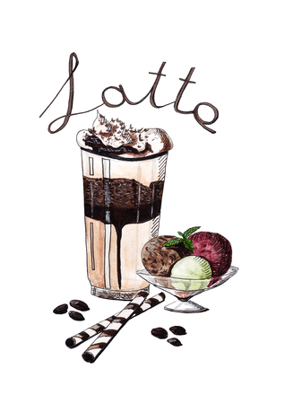 A glass of ice latte with chocolate syrup and ice cream, nut rollsのイラスト素材