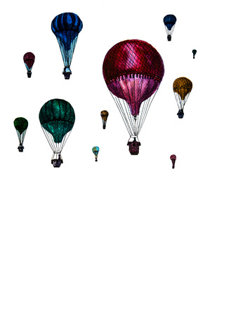 eleven multicolored hot air balloons.Hand drawn vintage air balloons with retro design. Vector illustrations isolated on white backgroundのイラスト素材