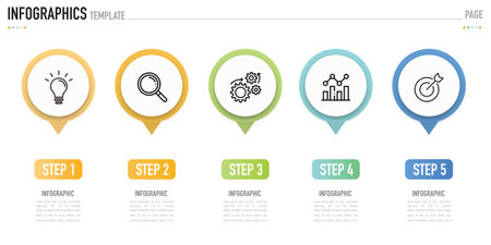 Circular or tag infographic template or element with 5 step, process, option, colorful circle, paper origami, button, icons, triangle, pin, rectangle, label, bar for sale slideのイラスト素材