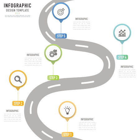Circular roadmap infographic template or element with 5 step, process, option, colorful 3D pin, circle, button, paper origami, path, road, pavement, navigation for sale slideのイラスト素材
