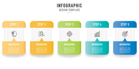 Rectangular 3D origami infographic template or element with 5 step, process, option, colorful icons, rectangle, square, triangle, circle, round, label, ribbon, sale slide, internetのイラスト素材