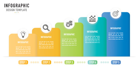 Rectangular origami infographic template or element with 5 step, process, option, colorful rectangle, square, 3D circle, circular, tag, button, icons, paper cut, stair, ladderのイラスト素材