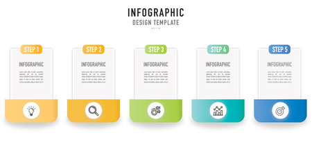 Rectangular 3D origami infographic template or element with 5 step, process, option, colorful icons, rectangle, square, button, tag, circle, circular, label for sale slideのイラスト素材