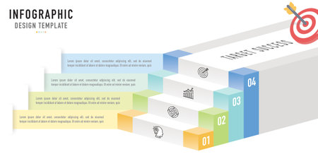 Stair, ladder isometric infographic template or element as a vector with 4 step, process, option, colorful 3D rectangle, bar, column, icons, paper origami for sale slide, modernのイラスト素材
