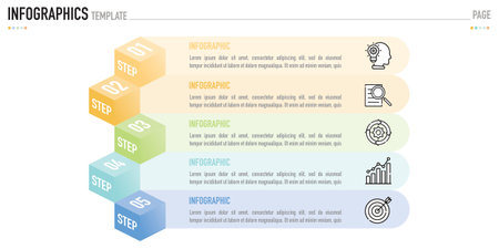 Isometric infographic template or element as a vector with 5 step, process, option, colorful 3D cube layer, box, stair, square, rectangle, icons, for sale slide, minimal, modernのイラスト素材