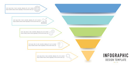 Funnel or pyramid infographic template or element with 5 connected step, process, colorful layer and icons on white background for business, sale slide or presentations, minimal, mのイラスト素材