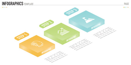 Isometric infographic template with 3 step, process, option, colorful 3D squares layer and icons for sale slide, minimal, modern, simple style, target, ladder, origami, metal colorのイラスト素材