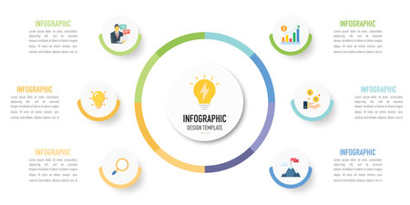 Circular mind map infographic business template or element including 6 step, process, option, with colorful circle and icons on white background for presentation or slide, minimalのイラスト素材