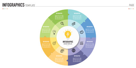 Circular infographic business template or element as a vector with 8 connected step or process, on white background and colorful label and icons, minimal, modern or simple styleのイラスト素材