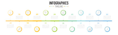 Infographic timeline template as a vector has 12 months with colorful circle shape and icons annually, for calendar or planner on white background, simple and minimal styleのイラスト素材