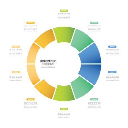 Circular infographic template or element with 10 step, process, option, colorful circle, pie, pizza, paper origami, label, rectangle, minimal, modern style for poster, sale slideのイラスト素材