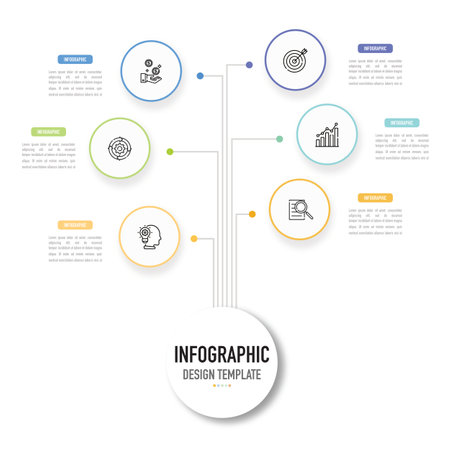 Circular mind map infographic template or element with 6 step, process, option, colorful circle, icons, label, thin line, paper origami, minimal, modern style for poster, saleのイラスト素材