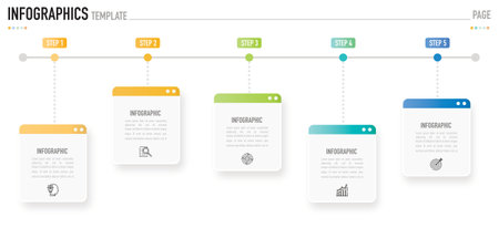 Rectangular infographic template or element with 5 step, process, option, colorful rectangle, square, arrow, note, label, tag, minimal, modern style for sale slide, scheduleのイラスト素材