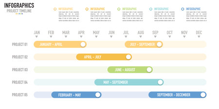 Gantt chart timeline 12 months infographic template or element with 5 project, step, process, option, colorful bar, button, arrow, minimal, modern style for sale slide, flowchartのイラスト素材