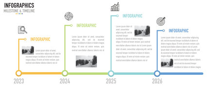 Timeline or milestone infographic template or element with 4 year, 2023, 2024, 2025, 2026, step, process, option, colorful bar, minimal, modern style for sale slide, flowchartのイラスト素材