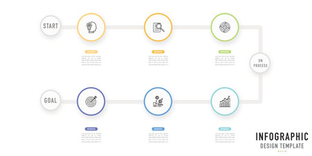 Circular roadmap infographic or element with 6 step, process, option, colorful circle, button, label, digital menu, arrow, minimal style for sale slide, flowchart, workflowのイラスト素材