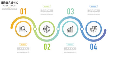 Circular curve infographic template or element with 4 step, process, option, colorful circle, button, icons, number, paper origami, minimal style for sale slide, flowchartのイラスト素材