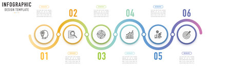 Circular curve infographic template or element with 6 step, process, option, colorful circle, button, round, paper origami, number, arrow, minimal style for sale slide, workflowのイラスト素材