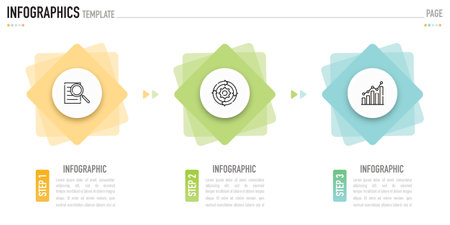 Rectangular and circular infographic template or element with 3 step, process, option, colorful rectangle, circle, square, button, arrow, label, tag, minimal, modern style for saleのイラスト素材