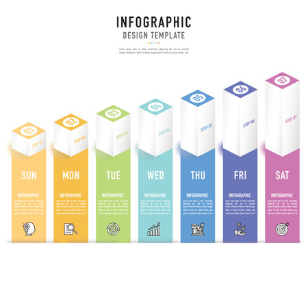 Rectangular isometric timeline weekly infographic template or element with 7 step, process, option, colorful 3D square, rectangle, bar, column, paper origami stage for sale slideのイラスト素材
