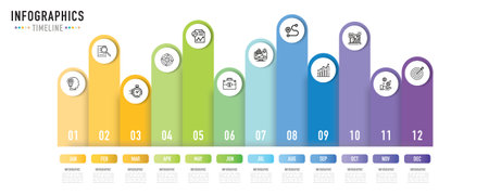 Timeline rectangular infographic template or element with 12 months, step, process, option, colorful circle, pin, tag, rectangle, journey, navigation for planner, sale slideのイラスト素材