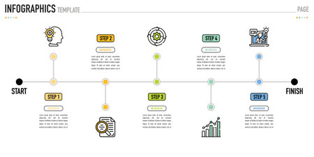 Linear infographic template or element with 5 step, process, option, colorful tag, button, label, icons, row, bar, fishbone, paper, origami, minimal from start to finish for saleのイラスト素材
