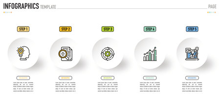 Circular infographic template or element with 5 step, process, option, colorful 3D circle, tag, button, label, icons, row, bar, funnel, fishbone, paper, origami for sale slide, webのイラスト素材