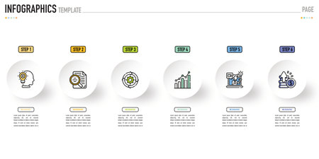 Circular infographic template or element with 6 step, process, option, colorful 3D circle, tag, button, label, icons, row, bar, funnel, fishbone, paper, origami for sale slide, webのイラスト素材