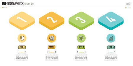 Rectangular isometric infographic template or element with 4 step, process, option, colorful rectangle, bar, column, arrow, minimal style, slideのイラスト素材