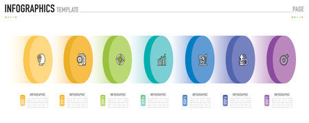 Circular isometric infographic template or element with 7 step, process, option, colorful circle, bar, column, arrow, minimal style, slideのイラスト素材