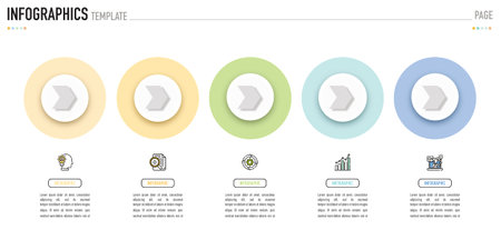 Circular infographic template or element with 5 step, process, option, colorful connected horizontal...