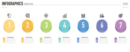 Circular infographic template or element with 7 step, process, option, colorful connected horizontal circle label, shadow, minimal style for sale slide, agenda, schedule, flowchartのイラスト素材