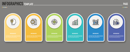 Rectangular infographic template or element with 6 step, process, option, colorful rectangle, icons, triangle, paper origami, button, tag, circle, circular, square bar for saleのイラスト素材