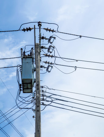 Power electric pole and wire in blue sky