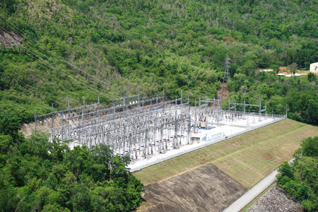 The hydroelectric power generation at the Srinakarind Dam at Kanchanaburi, Thailand.の写真素材