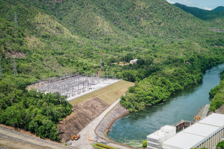The hydroelectric power generation at the Srinakarind Dam at Kanchanaburi, Thailand.