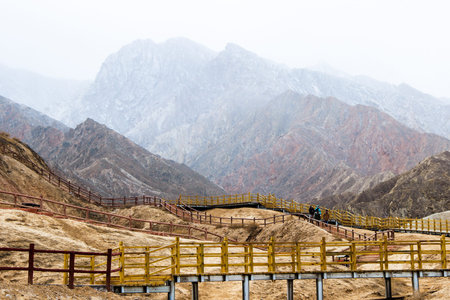 Walk way of Danxia Rainbow Mountains, Zhangye, Gansu Province, Chinaの写真素材