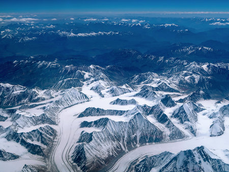 Snow over the mountains view from the airplane, Leh, Ladakh, Indiaの写真素材