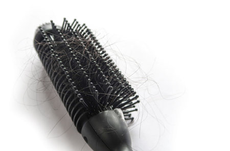 Hair fall in black comb on white background