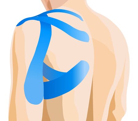 Blue kinesiology taping on man shoulder on white backgroundのイラスト素材