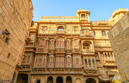 Patwon Ki Haveli in Jaisalmer or golden city is one of the largest buildings and amazing sandstone carving in Rajasthan, Indiaのeditorial素材