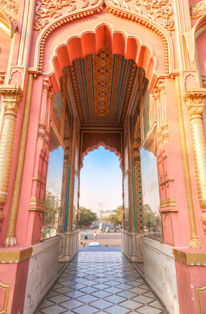 JAIPUR, INDIA - February 20 2020: The Patrika Gate, the ninth gate of Jaipur, the colourful famous building landmark at Jawahar circle's entrance, Jaipur or pink city Rajasthan, India.のeditorial素材