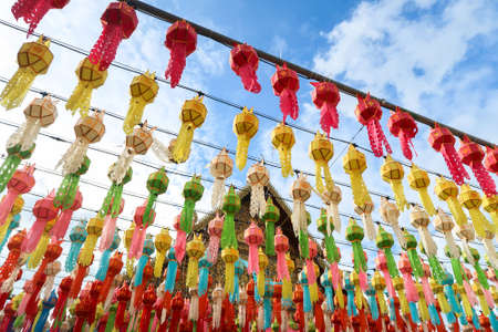 29 September 2020, Lamphun, Thailand: Colorful Hundred Thousand Lanterns Festival at Wat Phra That Hariphunchai pagoda, Thai Lanna style.のeditorial素材