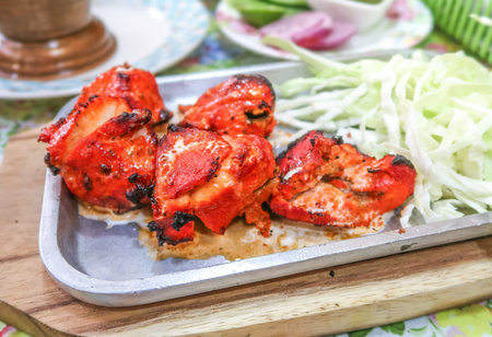 Tandoori chicken, Grilled chicken Indian food serve with cabbage