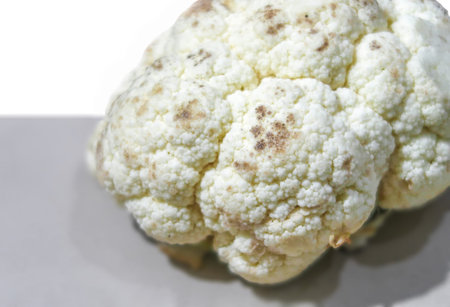 Spoiled moldy cauliflower on white backgroundの写真素材