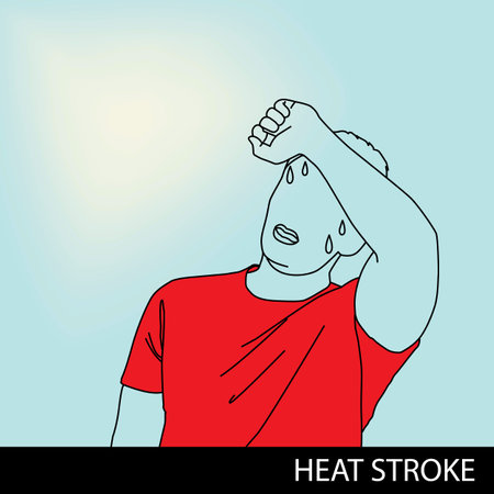 Man on sunlight heatstroke disease, illustration cartoon outline drawing, left copy space for type in graphicの写真素材