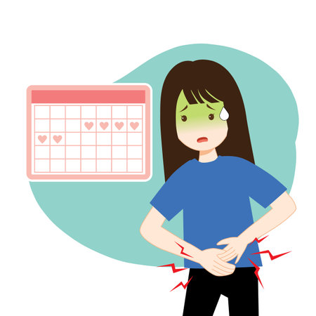 Women period cramps, period pain with menstrual calendar, Illustration cartoon flat design on white backgroundの写真素材